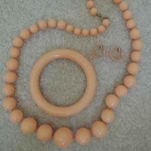 Necklace + Matching Bangle + Clip On Earrings Peach Color Costume Jewelry - Vtg